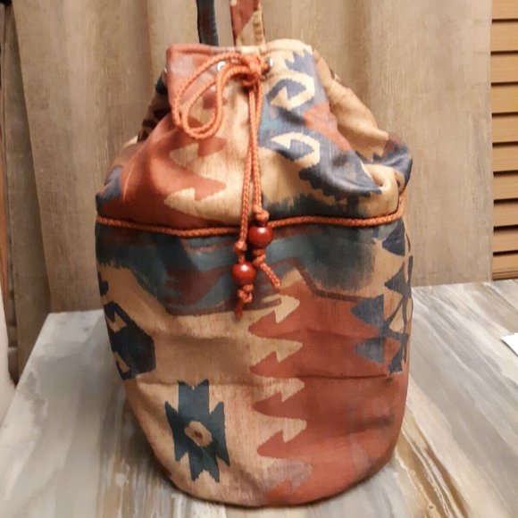 Southwestern Cowgirl Bucket Tote Sling Bag Aztec Print Rust Brown Blue Green Lrg - Picture 1 of 9
